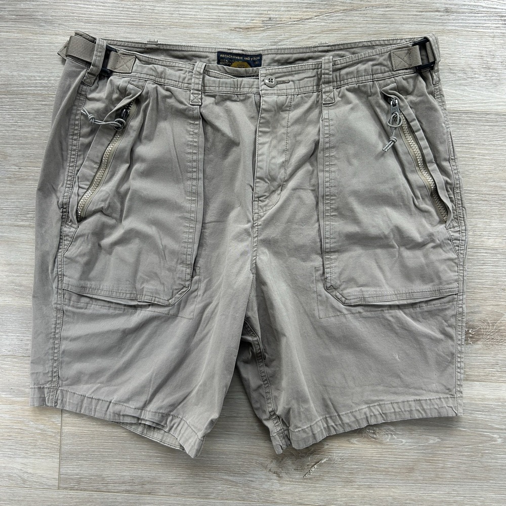 Abercrombie Fitch Cargo Shorts Men 38 Khaki Adjustable Waist Zip Pocket Utility*